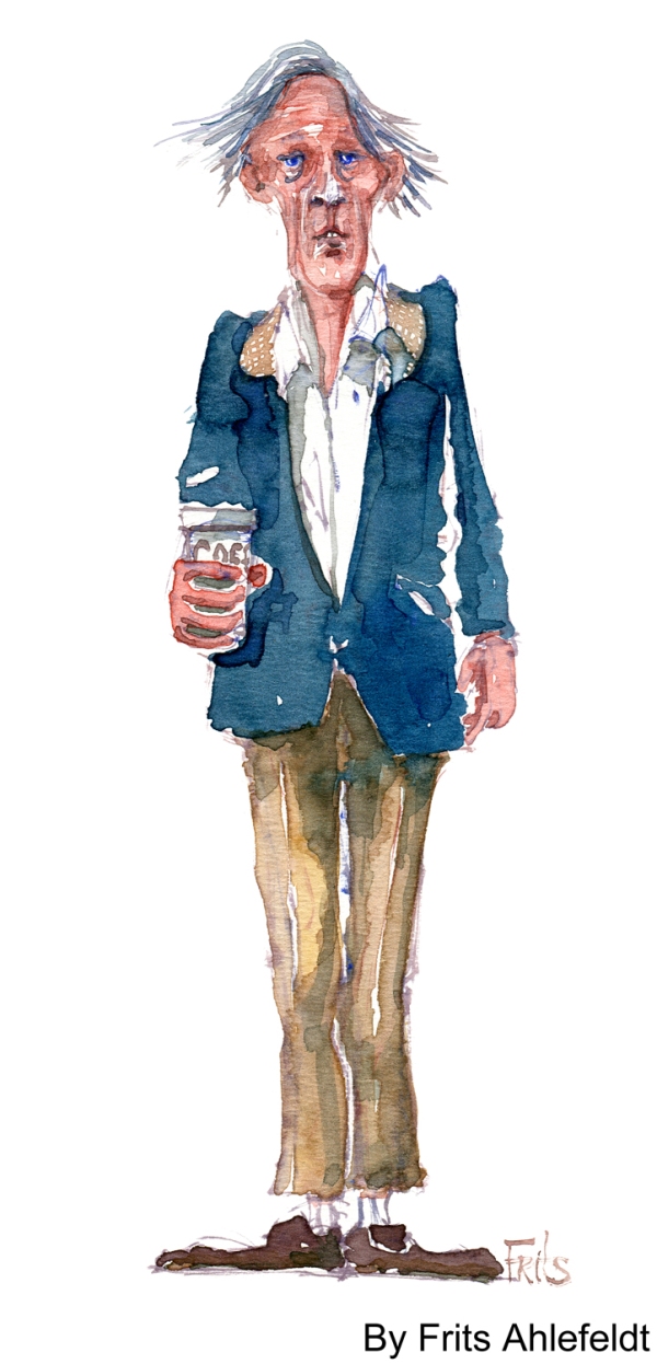 Old man with coffee watercolor by frits ahlefeldt