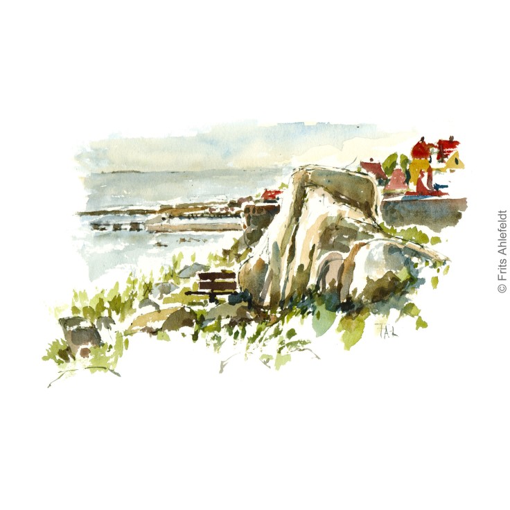 Gudhjem fishing village. Bornholm watercolor painting by Frits Ahlefeldt